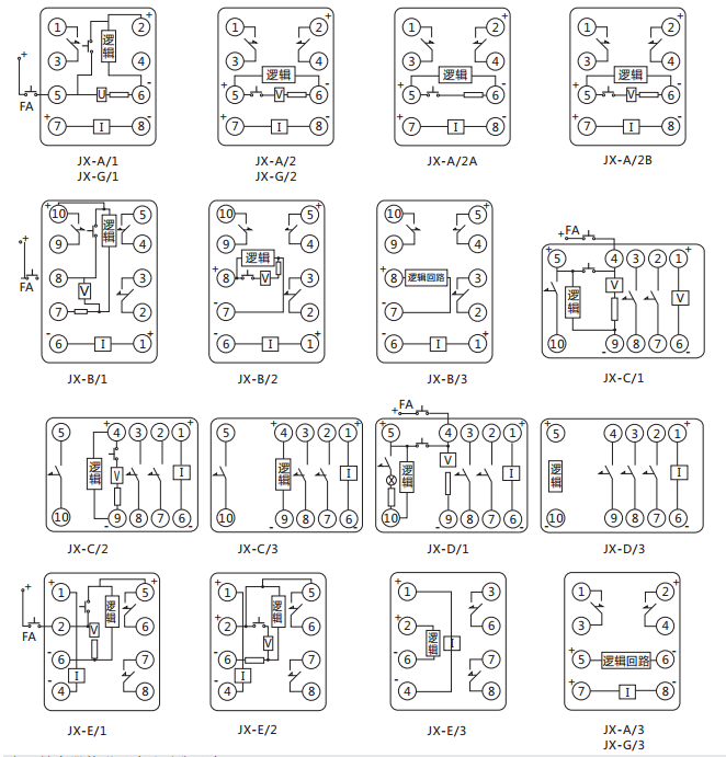 JX-B/1靜態信號繼電器內部接線及外引接線圖（正視圖）