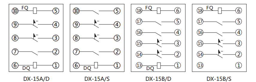 DX-15A/D信號(hào)繼電器內(nèi)部接線及外引接線圖 DX-15A/D信號(hào)繼電器內(nèi)部接線及外引接線圖