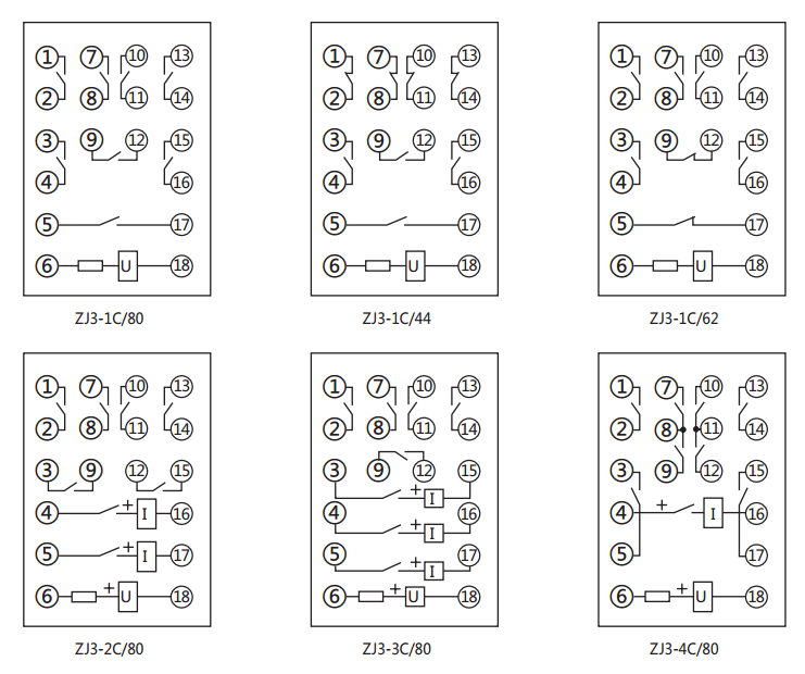ZJ3-3C/80快速中間繼電器內部接線圖及外引接線圖(正視圖) ZJ3-3C/80快速中間繼電器內部接線圖及外引接線圖(正視圖)